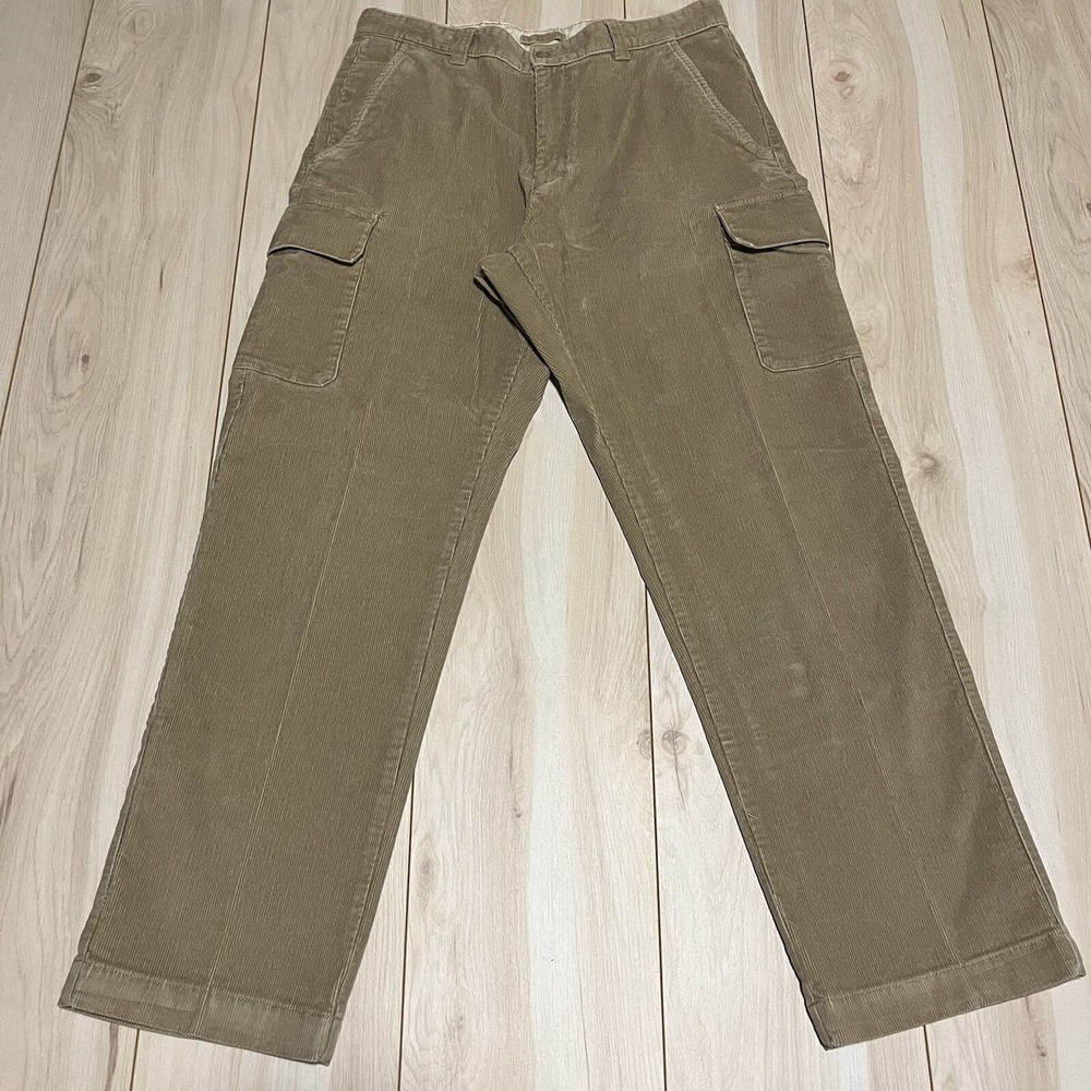 LL Bean Curduroy Cargo Pants Straight Fit Pleated Tan Mens Size 35W/32Inseam